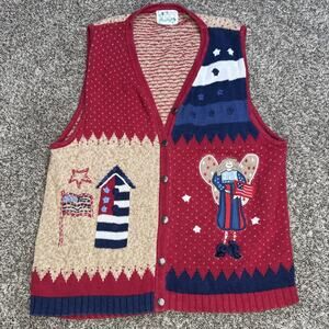 Vintage Women’s Quacker Factory Americana Red Knitted Sweater Vest Size Large‎